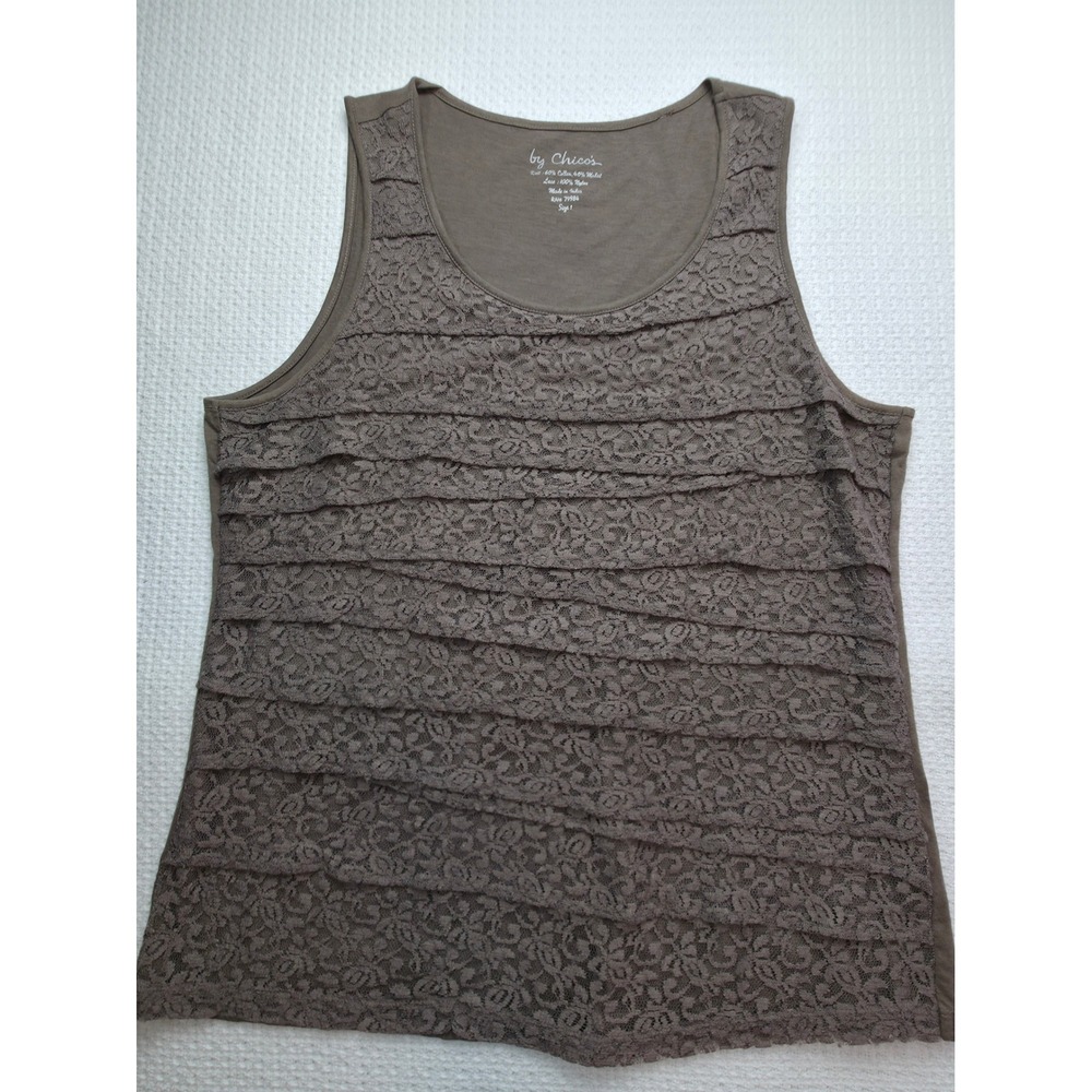 Chico's Tank Top Womens Size 1 Brown Cotton Blend Floral Tiered Lace EUC